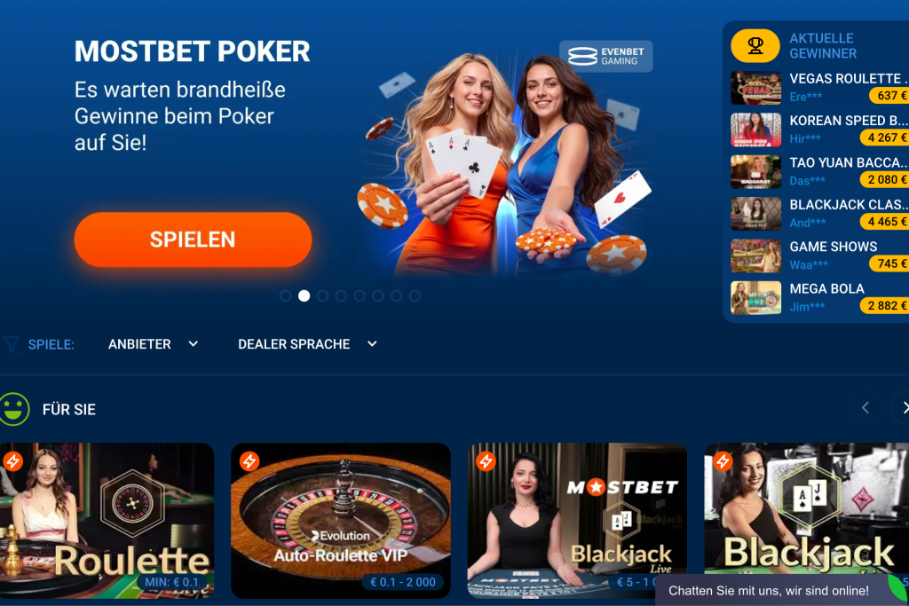 Roulette, Poker und Blackjack im Live-Casino von Mostbet