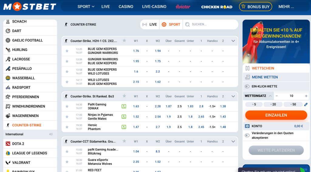 E-Sport und andere Sportarten bei Mostbet