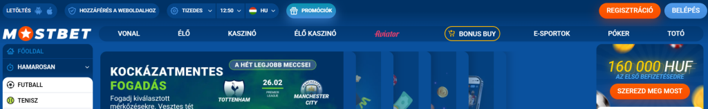 A Mostbet casino fejléce a Regisztráció és Belépés gombokkal.