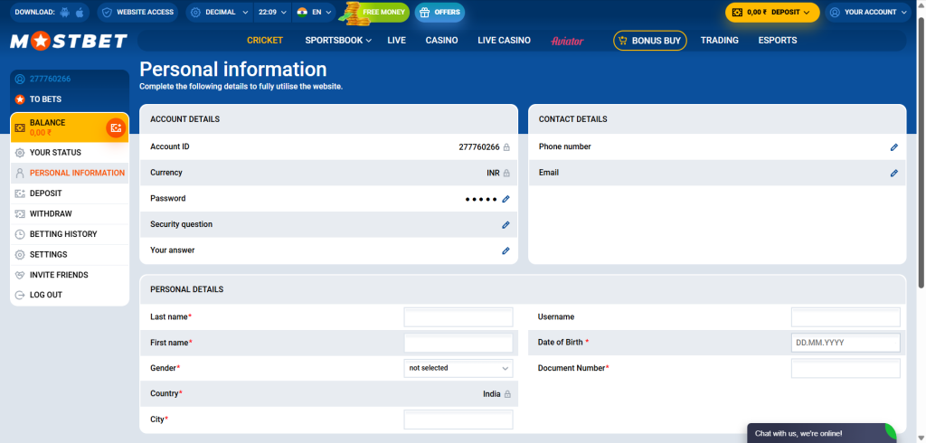 Mostbet Personal Information section