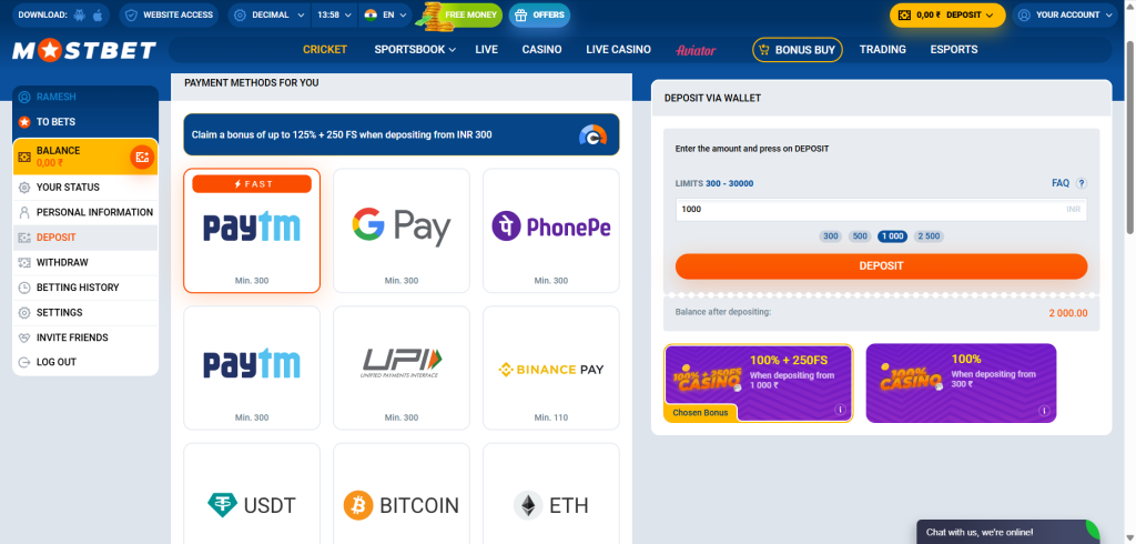 Payment Methods for Deposit at Mostbet