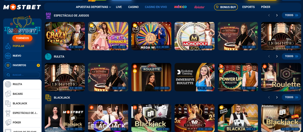 casino en vivo de MostBet Casino con juegos de mesa, crupieres en directo y game shows.