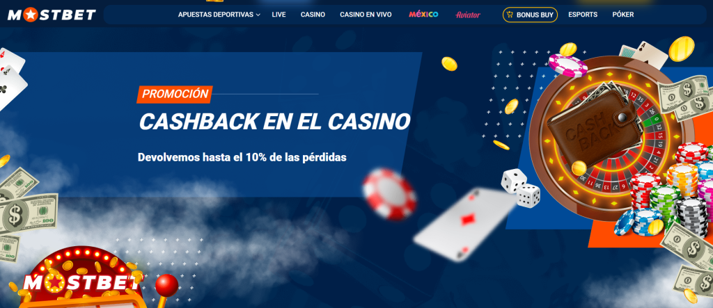 Promoción de cashback en MostBet México para jugadores de casino.
