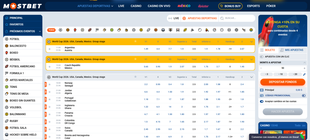 Sección de apuestas deportivas en MostBet México con momios, eventos en vivo y opciones de apuestas.