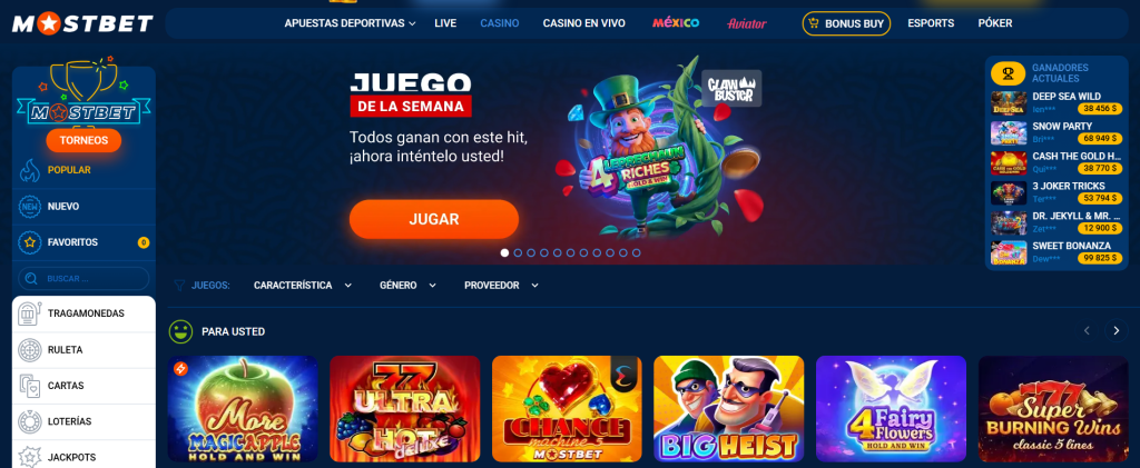 Lobby de MostBet Casino en México con tragamonedas, juegos de mesa y casino en vivo.