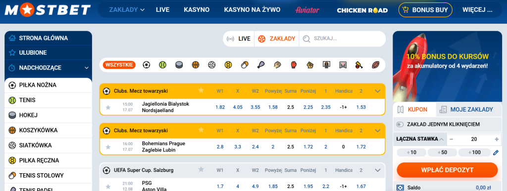 Aktualne zakłady sportowe w Mostbet