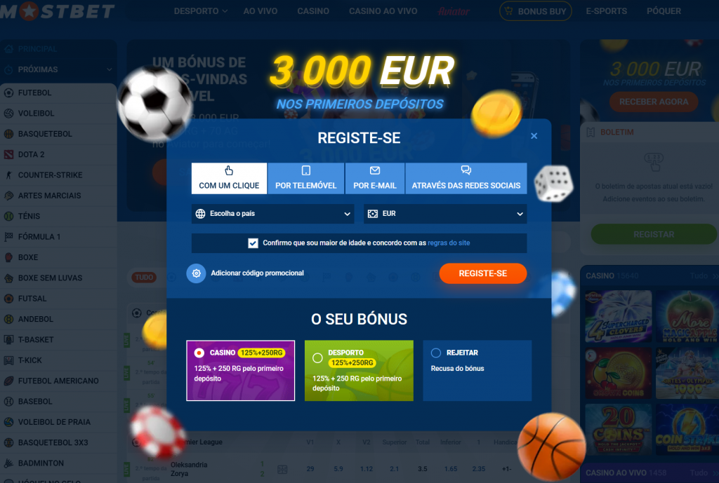 Opções de registo na MostBet em Portugal.