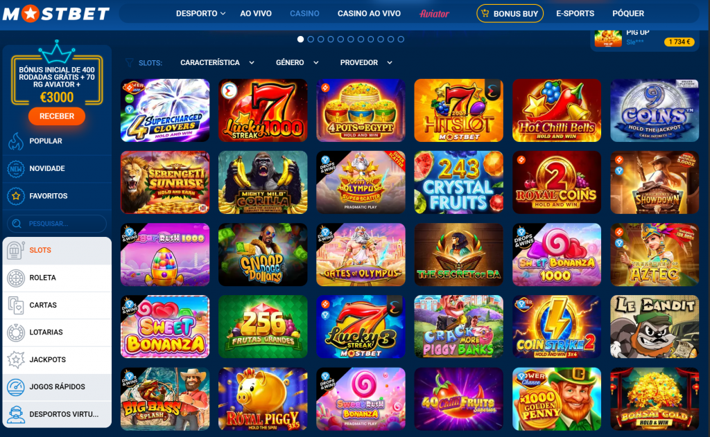 Catálogo com os melhores jogos do casino MostBet.